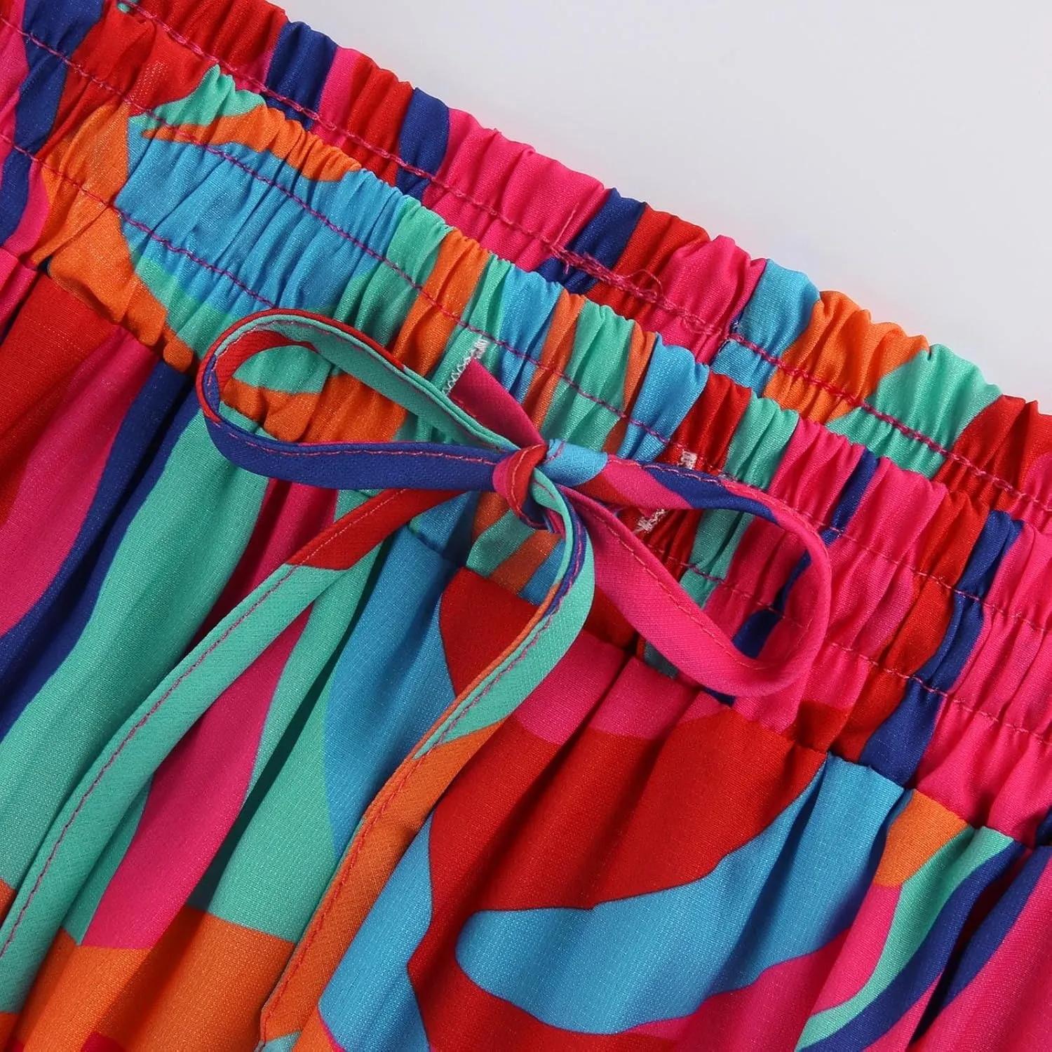 Tiered Pleated Skirts for Women Boho Floral Beach A Line Maxi Skirt Summer Casual High Waist Long Skirts with Pockets
