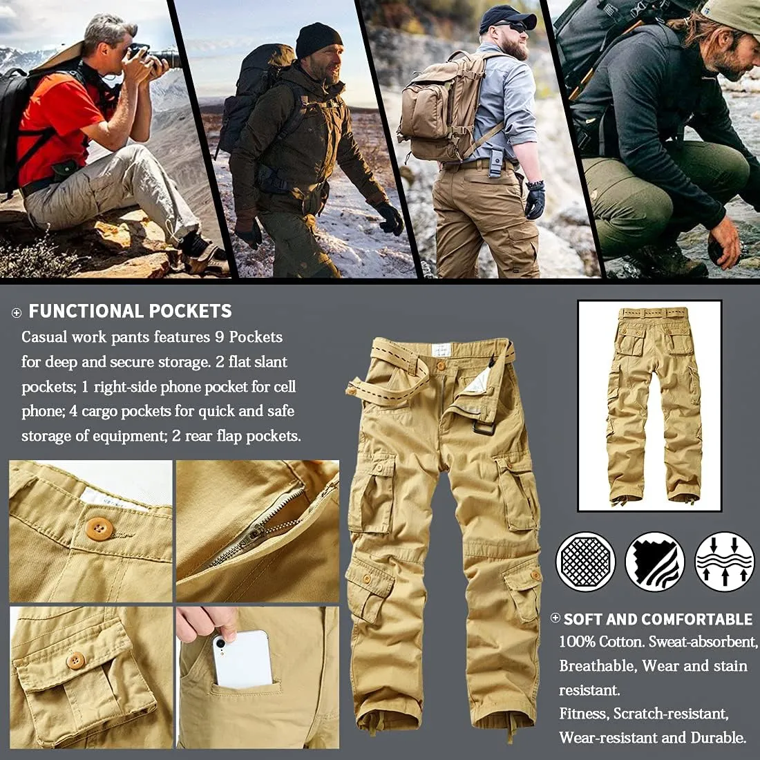 TRGPSG Cargo Pants for Men, Cotton Camo Casual Pants, Relaxed Fit Work Pants with Multi-Pocket