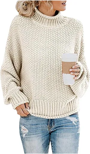Turtleneck Sweater Women Oversized Batwing Sleeve Cardigan Knit Pullover Sweater Soild Color Tops