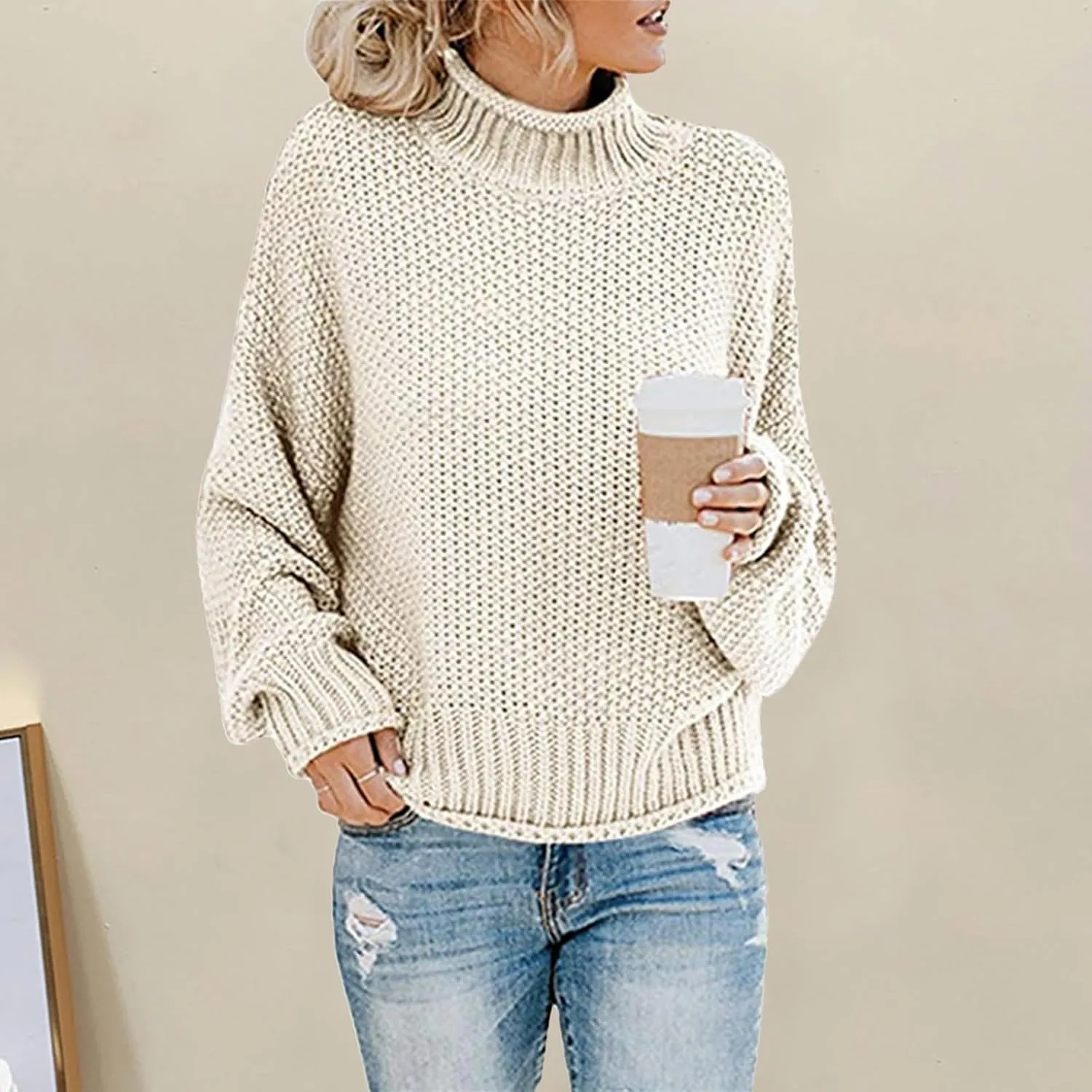 Turtleneck Sweater Women Oversized Batwing Sleeve Cardigan Knit Pullover Sweater Soild Color Tops