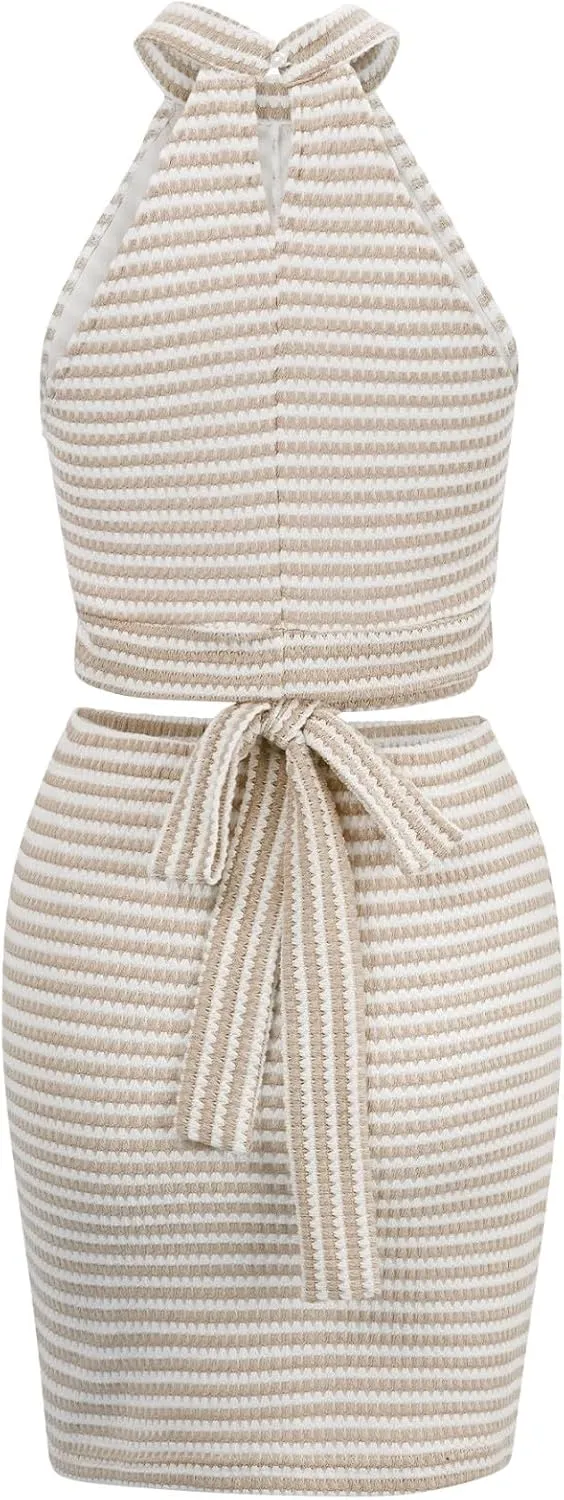 Two Piece Skirt Outfits for Women Sleeveless Halter Neck Tops Bodycon Short Dress Bodycon Cocktail Club Skirt Sets Summer Y2k