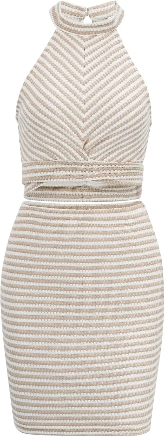Two Piece Skirt Outfits for Women Sleeveless Halter Neck Tops Bodycon Short Dress Bodycon Cocktail Club Skirt Sets Summer Y2k