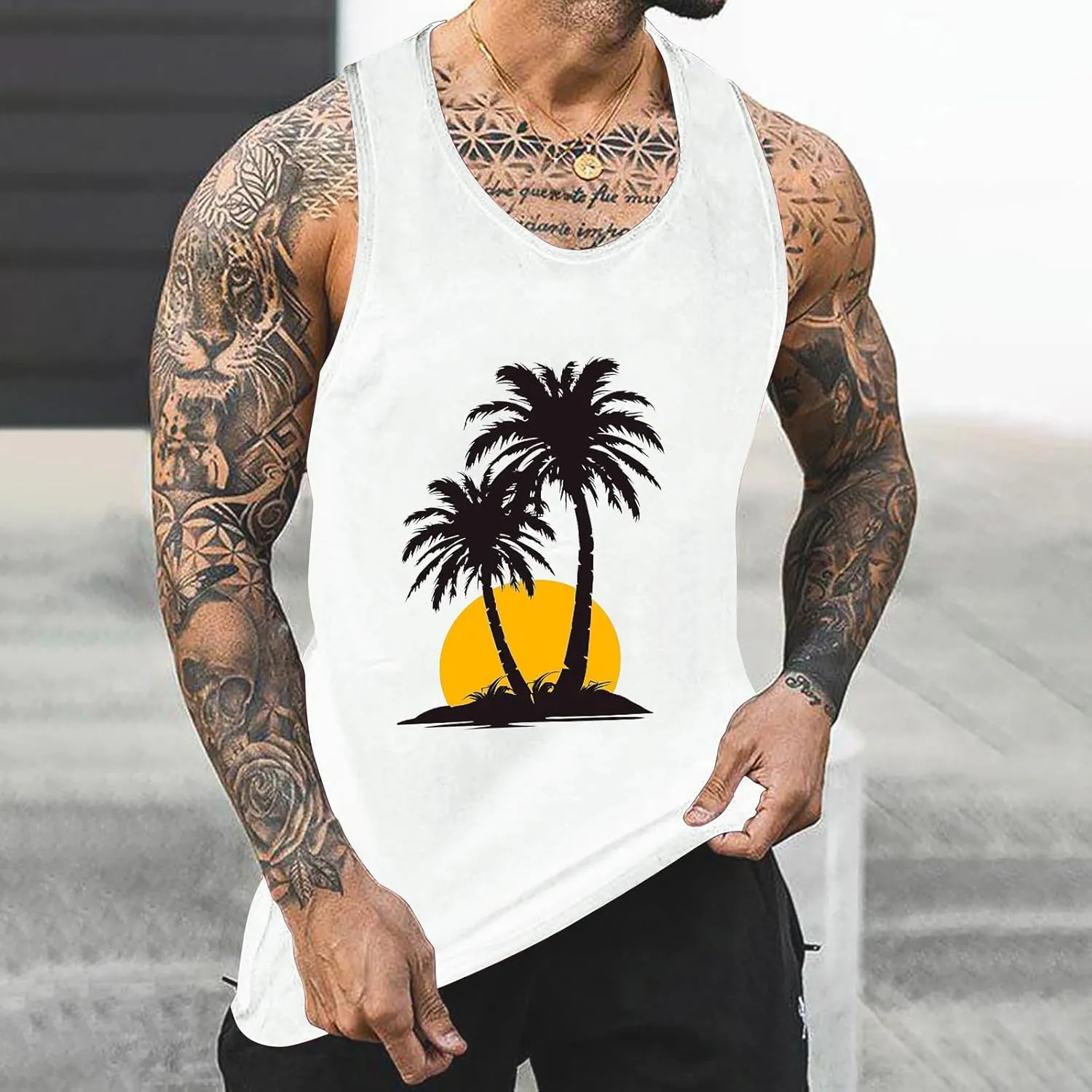 Uillui Men's Graphic T-Shirts Palm Tree Beach Tank Tops Cotton Workout Gym Muscle Shirts Summer Casual Sleeveless Tee Shirts