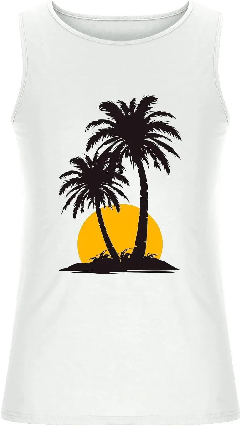 Uillui Men's Graphic T-Shirts Palm Tree Beach Tank Tops Cotton Workout Gym Muscle Shirts Summer Casual Sleeveless Tee Shirts