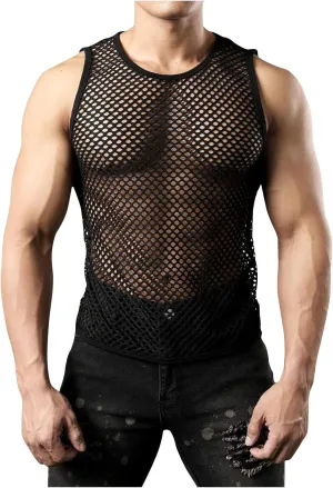 Uillui Men's Mesh Fishnet Muscle Shirts See Through Mesh Party Vest Tops Workout Muscle Tank Fitted Crew Neck Base Layer Tee