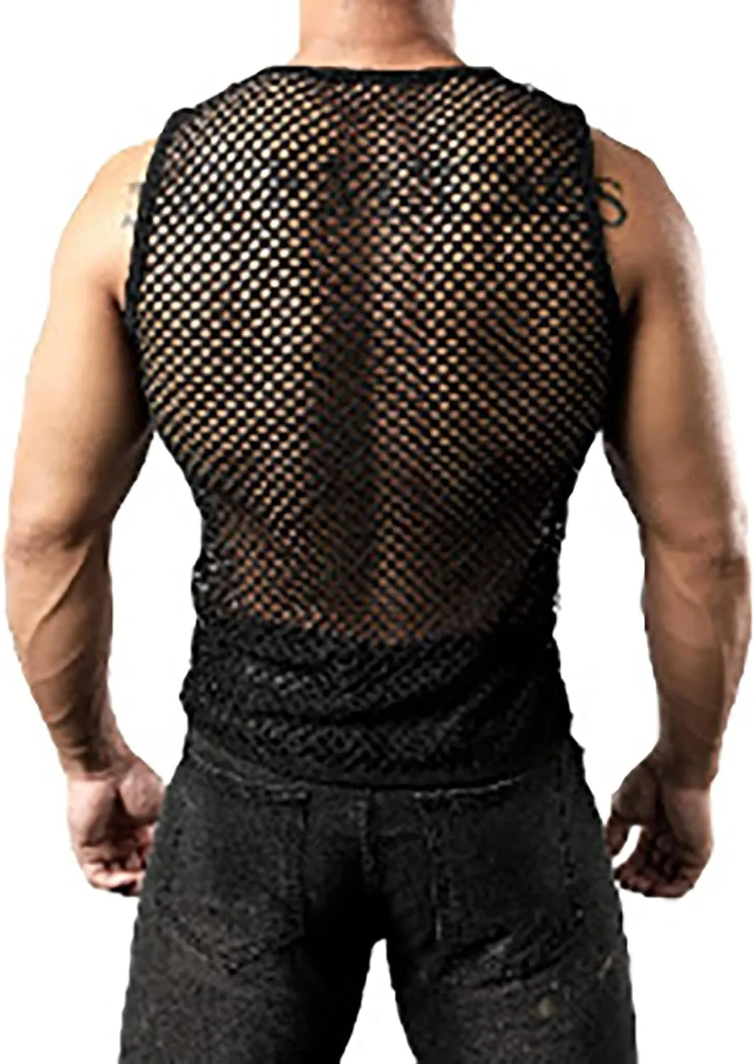 Uillui Men's Mesh Fishnet Muscle Shirts See Through Mesh Party Vest Tops Workout Muscle Tank Fitted Crew Neck Base Layer Tee