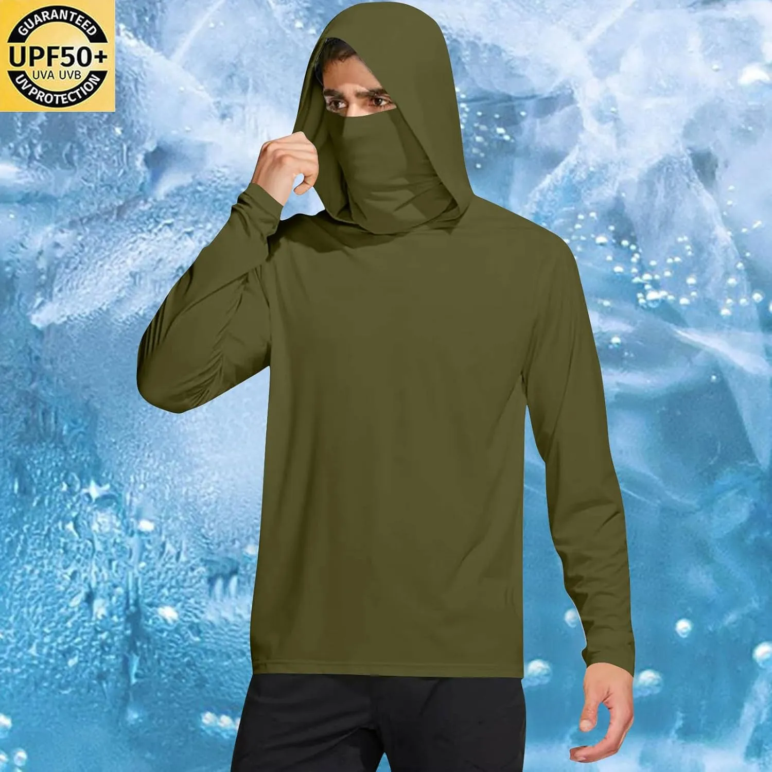 UPF 50  Shirts for Men Long Sleeve UV Sun Protection Rash Guard Fishing Shirts Lightweight Sun Hoodies with Face Mask