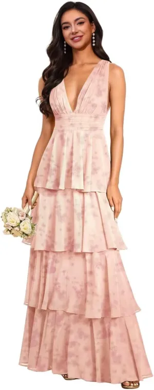 V Neck Bridesmaid Dresses 2025 Chiffon Ruffle Tiered Long Prom Dresses A Line Formal Evening Gowns XOD0436