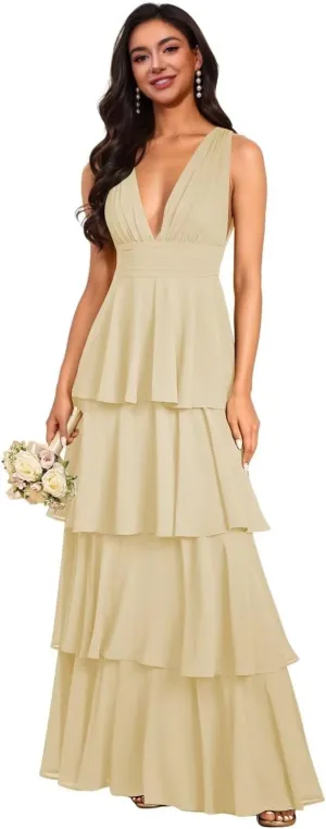 V Neck Bridesmaid Dresses 2025 Chiffon Ruffle Tiered Long Prom Dresses A Line Formal Evening Gowns XOD0436