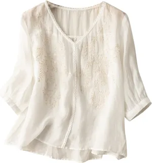 V Neck Linen Tshirts for Women Summer Fall 3/4 Dolman Sleeve Relaxed Fit Long Basic Tee Shirt Tops Women 2025 FN