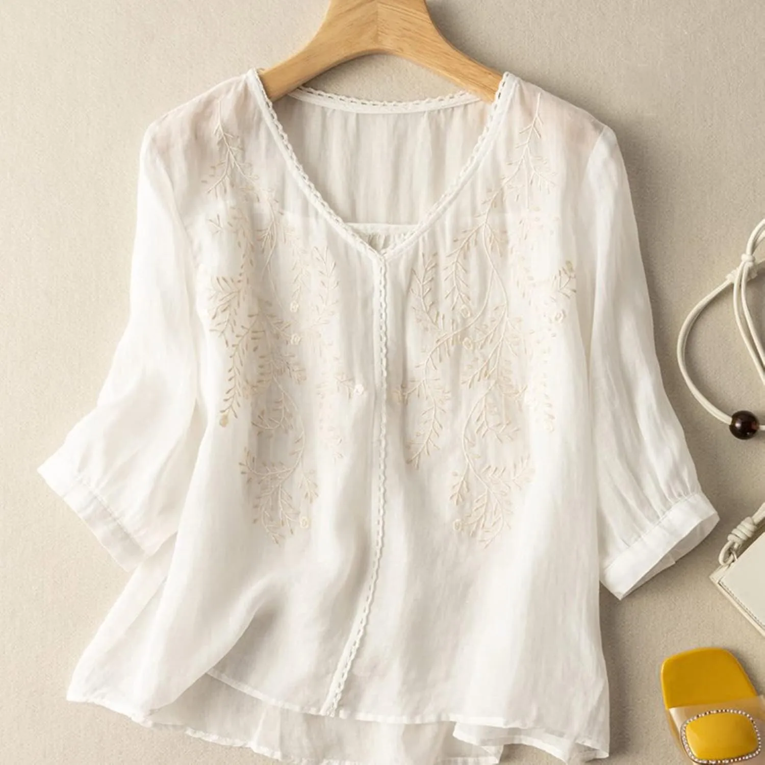V Neck Linen Tshirts for Women Summer Fall 3/4 Dolman Sleeve Relaxed Fit Long Basic Tee Shirt Tops Women 2025 FN