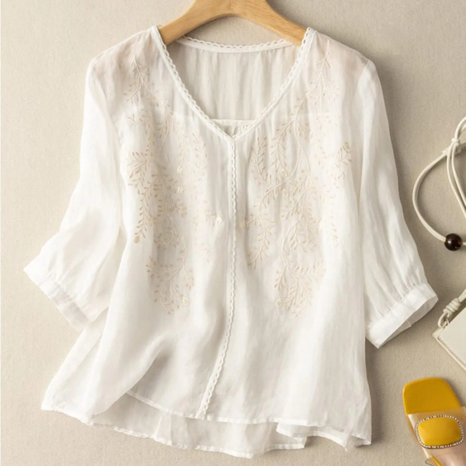 V Neck Linen Tshirts for Women Summer Fall 3/4 Dolman Sleeve Relaxed Fit Long Basic Tee Shirt Tops Women 2025 FN