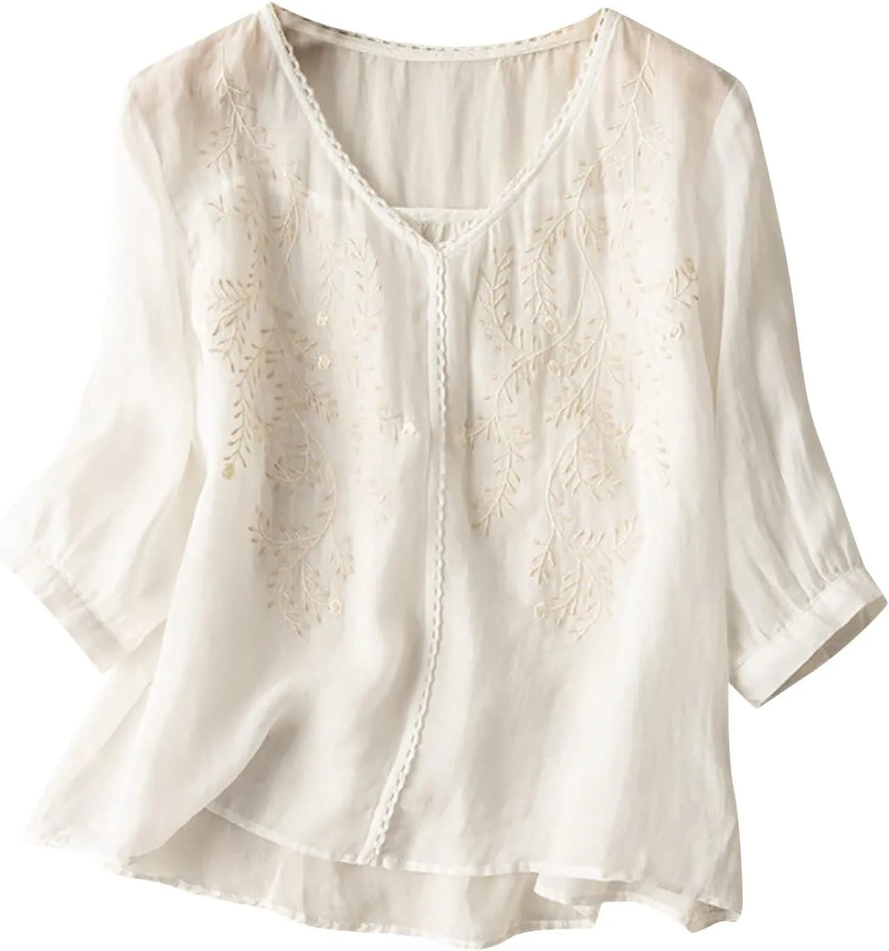 V Neck Linen Tshirts for Women Summer Fall 3/4 Dolman Sleeve Relaxed Fit Long Basic Tee Shirt Tops Women 2025 FN