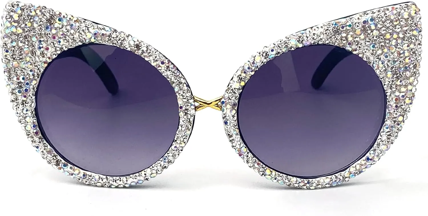 Vintage Cat Eye Rhinestones Sunglasses Women Round Crystal Sun Glasses Trendy bling bling Diamond Eyeglasses