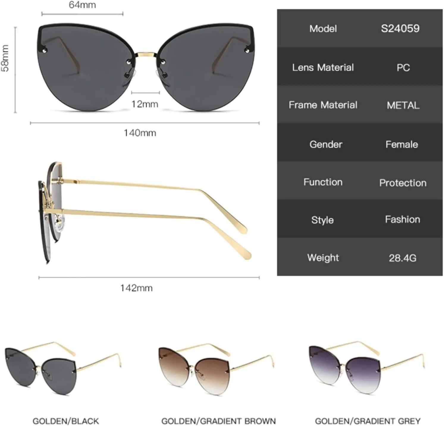 Vintage Cat Eye Rimless Sunglasses Metal Cateye Gradient Uv400 Summer Traveling for Women