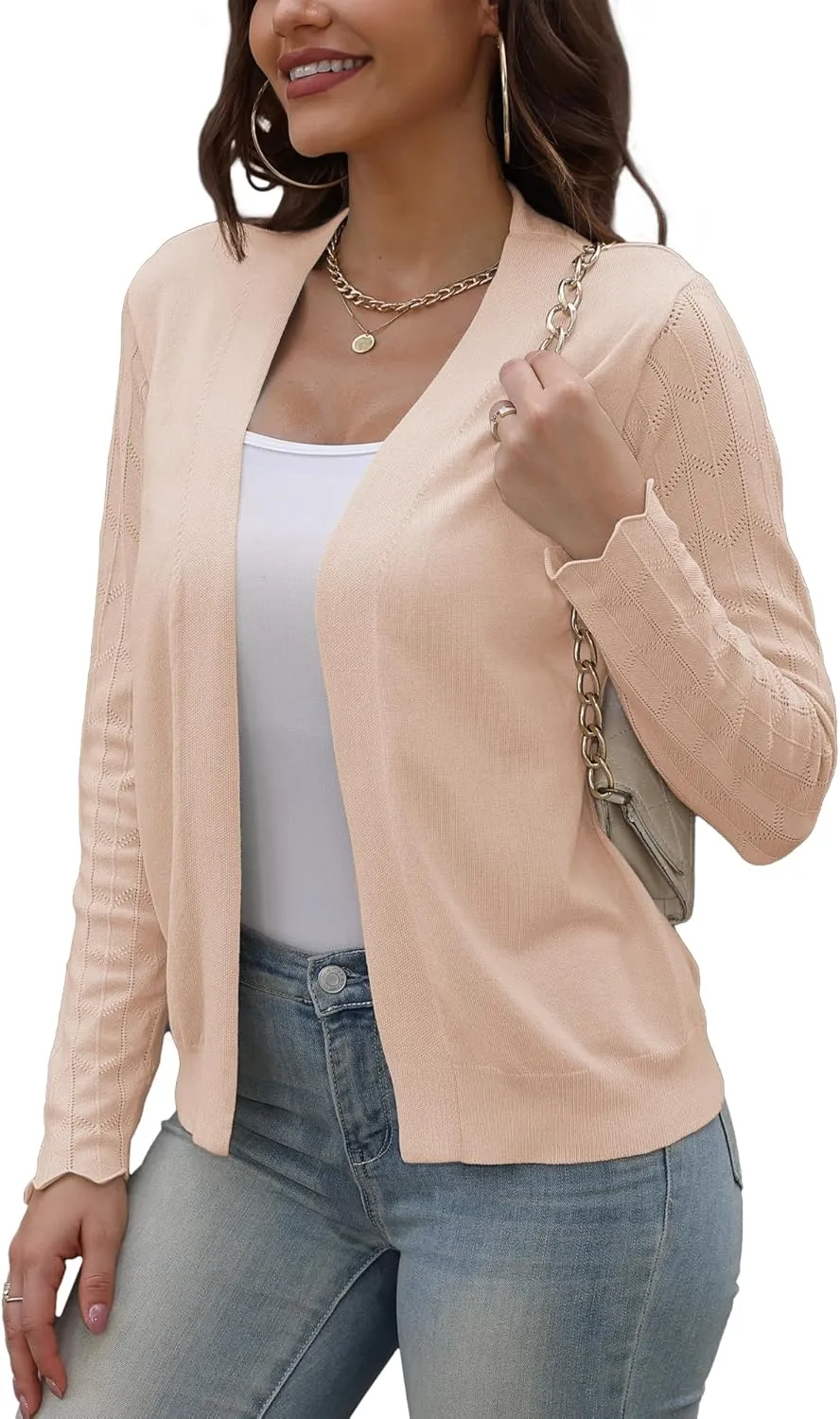 VOIANLIMO Womens Cardigan Lightweight Open Front Knit Long Sleeve Cardigans Sweaters for Women