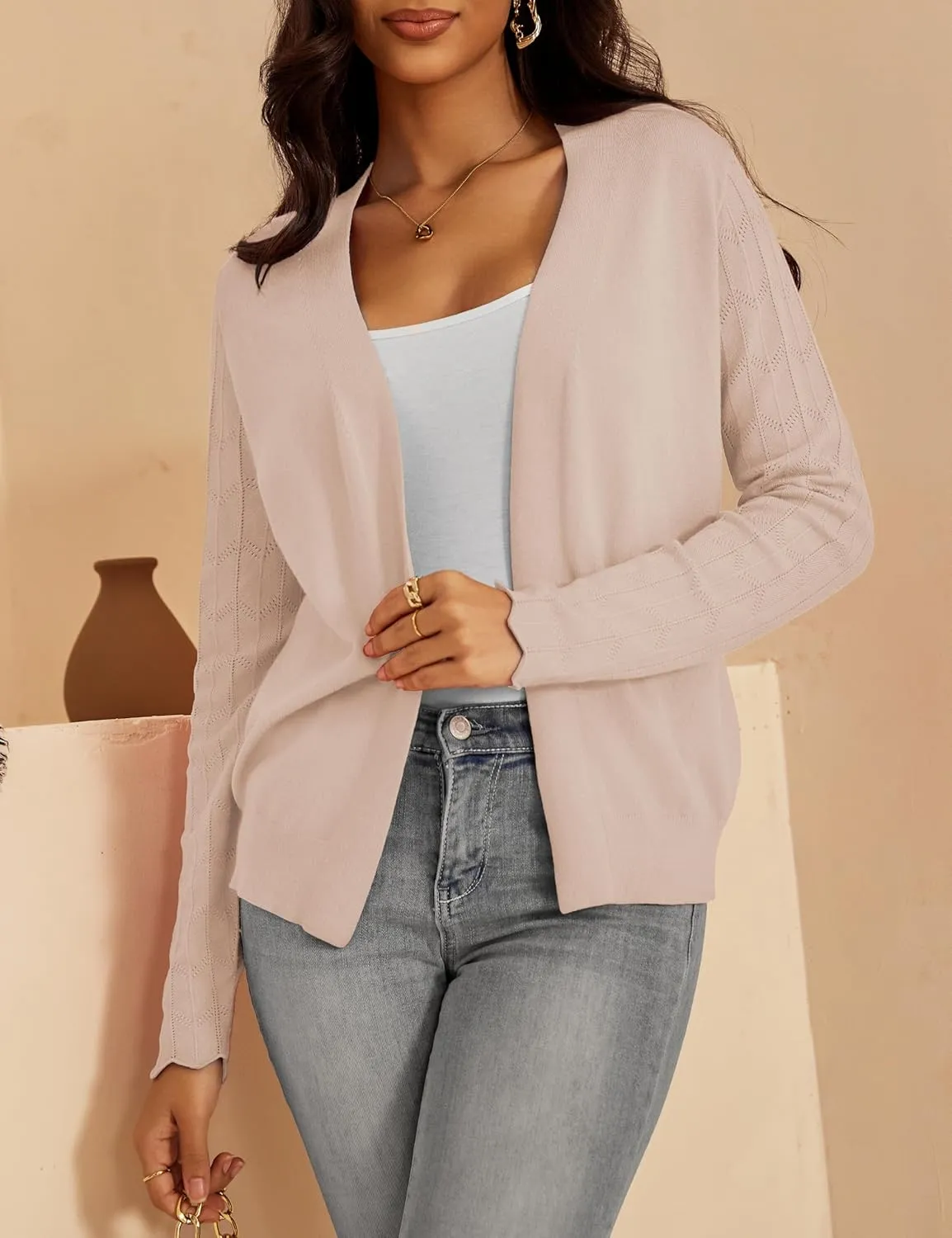 VOIANLIMO Womens Cardigan Lightweight Open Front Knit Long Sleeve Cardigans Sweaters for Women