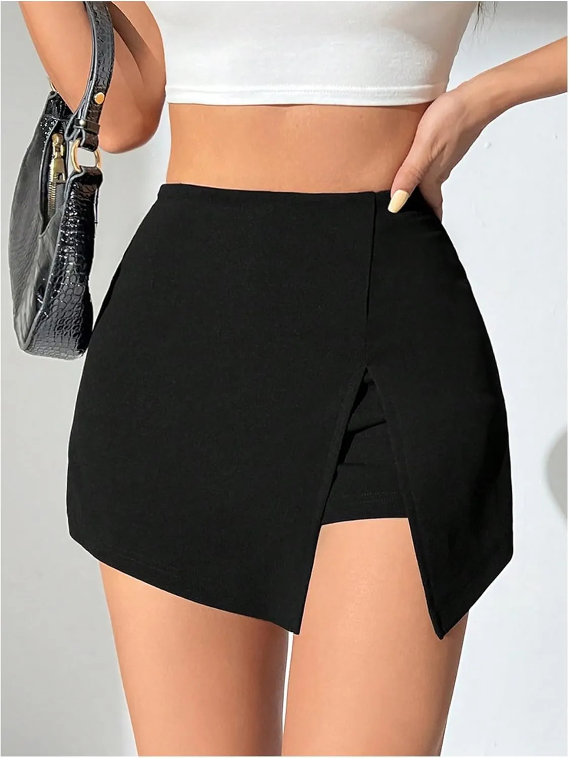 WDIRARA Women's High Waist Pleated Button Skort Asymmetrical Skirt Shorts