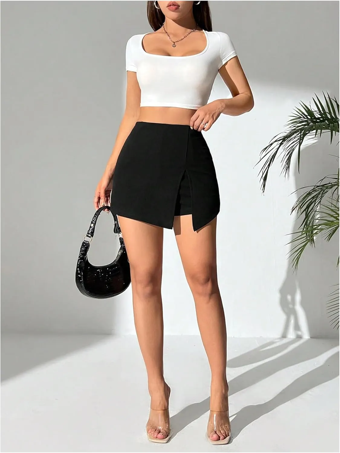 WDIRARA Women's High Waist Pleated Button Skort Asymmetrical Skirt Shorts