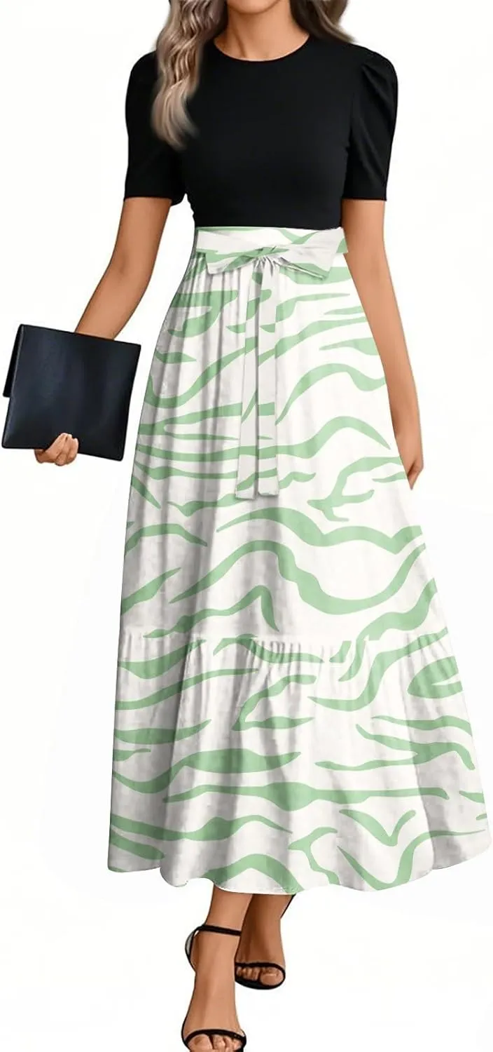 Wedding Guest Dresses for Women Summer Flowy Short Sleeve Floral Long Dress Elegant Party Cocktail A Line Flowy Maxi Dress