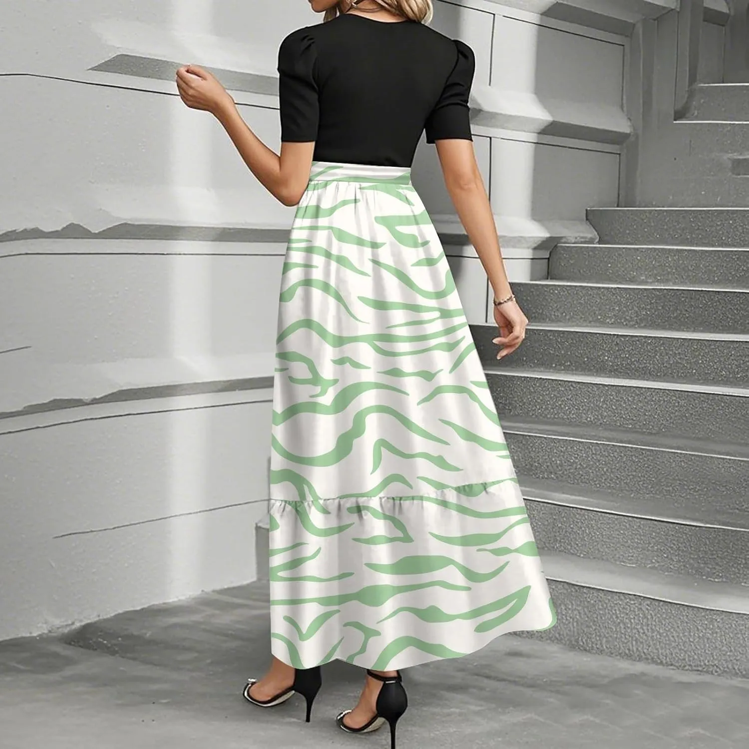 Wedding Guest Dresses for Women Summer Flowy Short Sleeve Floral Long Dress Elegant Party Cocktail A Line Flowy Maxi Dress