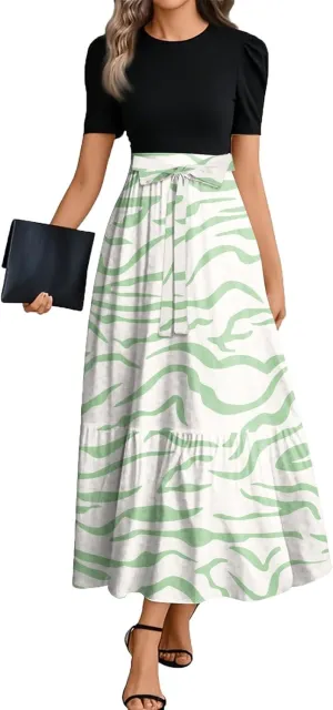 Wedding Guest Dresses for Women Summer Flowy Short Sleeve Floral Long Dress Elegant Party Cocktail A Line Flowy Maxi Dress