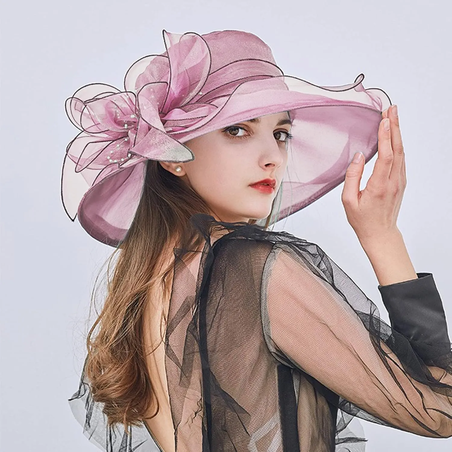Wide Brim Organza Hat Dress Hat for Women Lady Tea Party Kentuck𝚢-Derby Church Wedding Cap Tea Hat