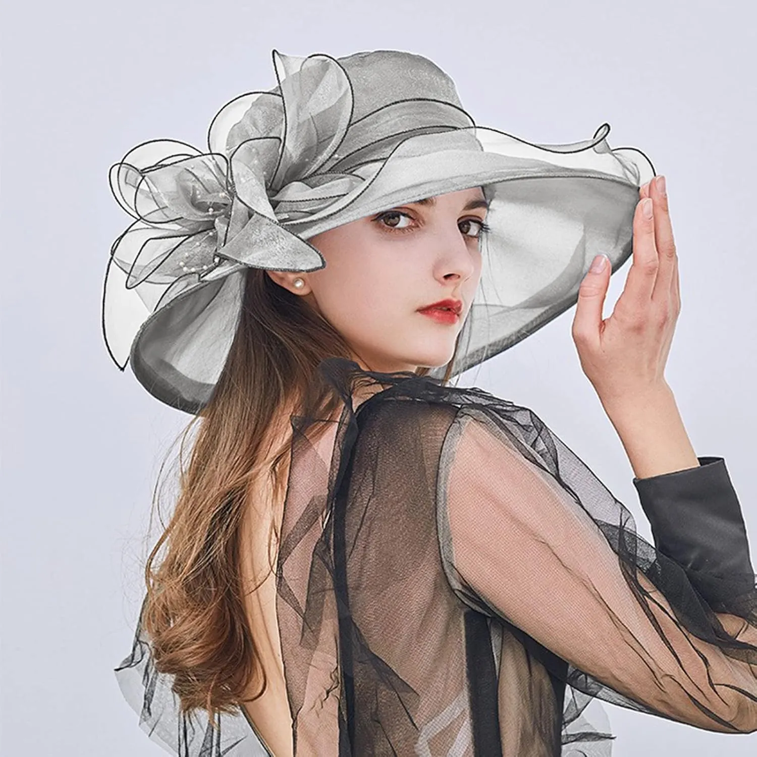 Wide Brim Organza Hat Dress Hat for Women Lady Tea Party Kentuck𝚢-Derby Church Wedding Cap Tea Hat