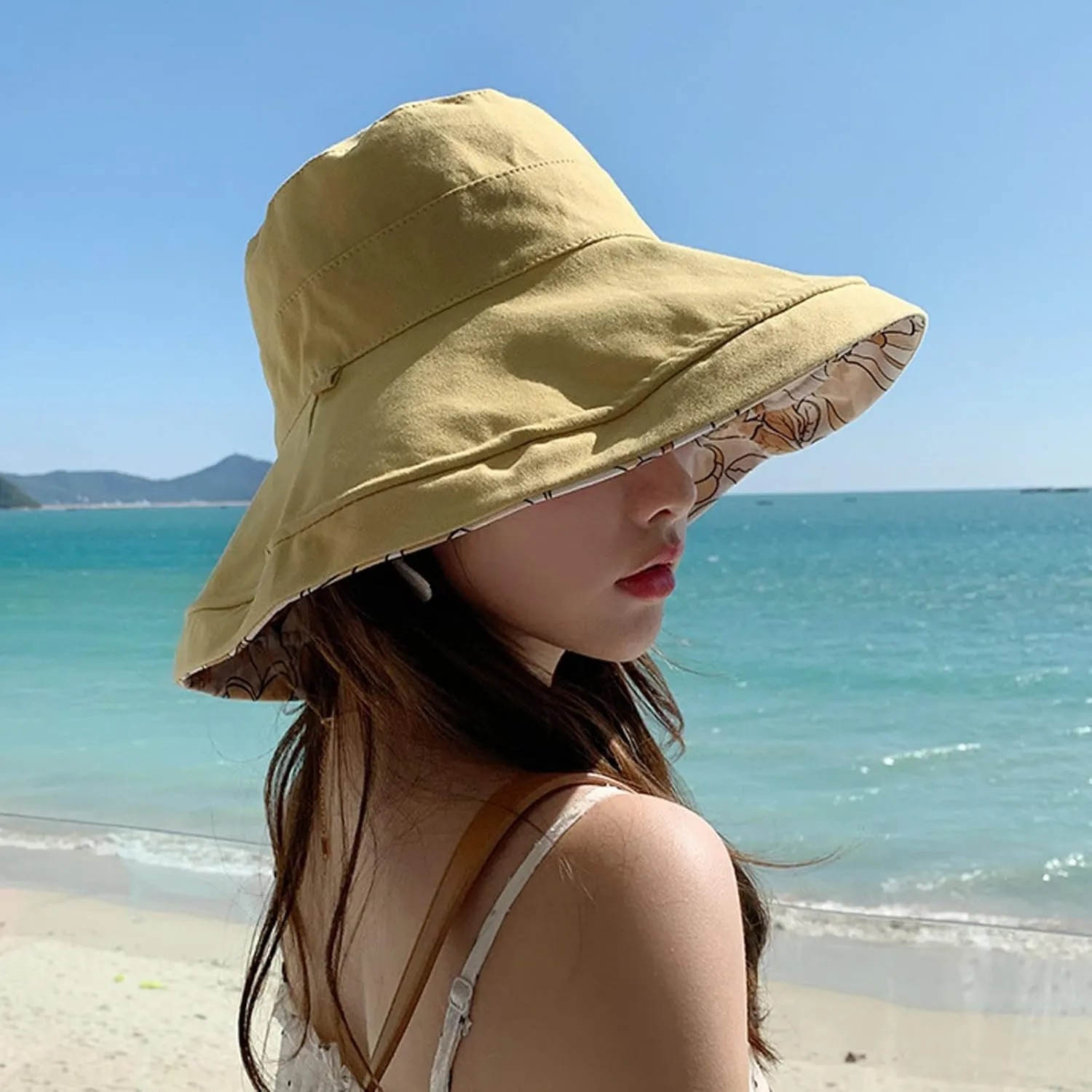 Wide Brim Women Sun Hat Cotton Floppy Packable Reversible Visor Hats UV Protection Summer Beach Travel Garden