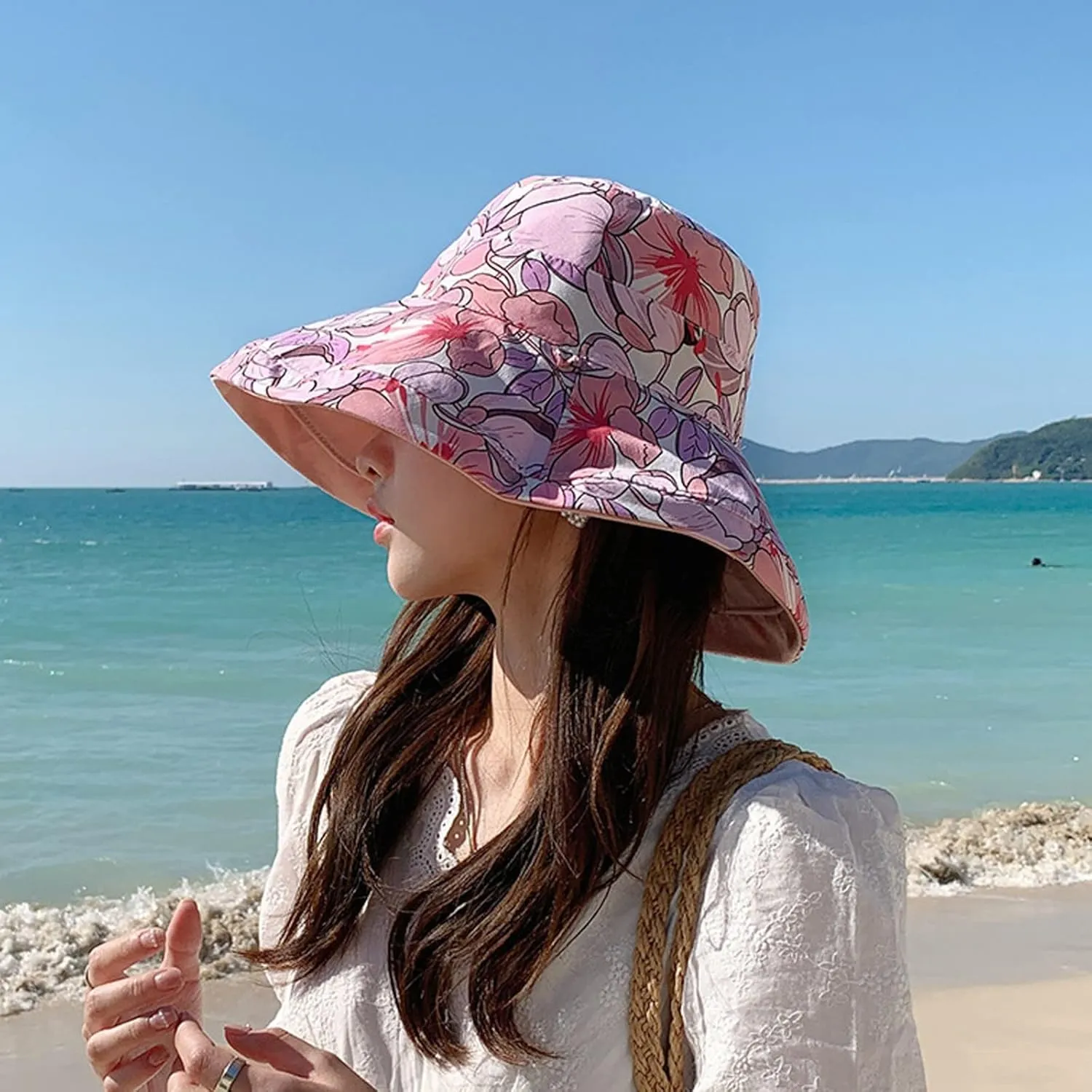 Wide Brim Women Sun Hat Cotton Floppy Packable Reversible Visor Hats UV Protection Summer Beach Travel Garden