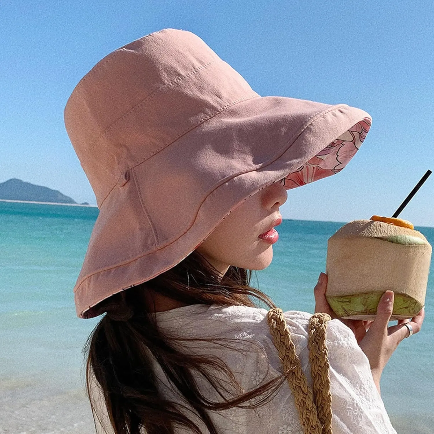 Wide Brim Women Sun Hat Cotton Floppy Packable Reversible Visor Hats UV Protection Summer Beach Travel Garden