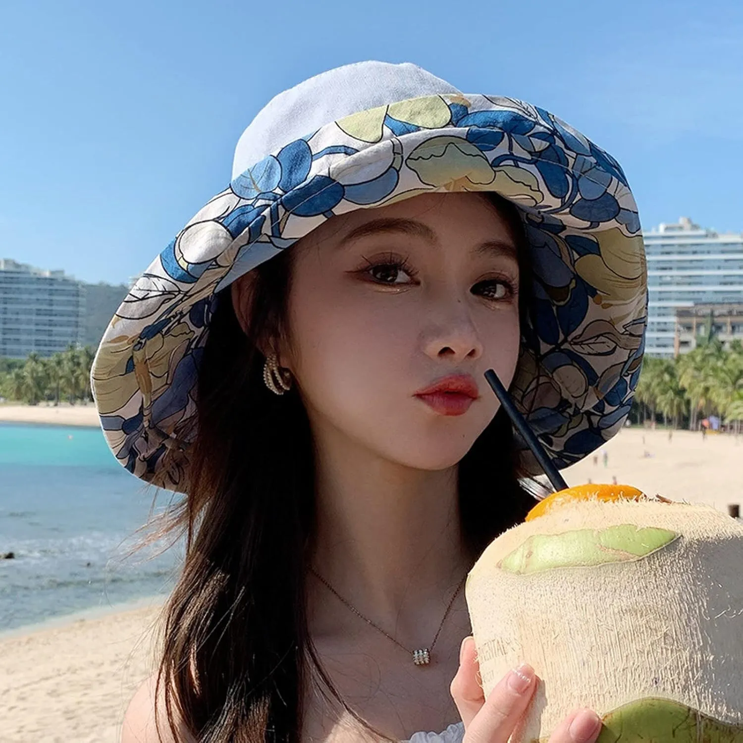 Wide Brim Women Sun Hat Cotton Floppy Packable Reversible Visor Hats UV Protection Summer Beach Travel Garden