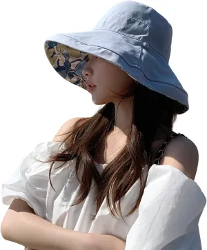 Wide Brim Women Sun Hat Cotton Floppy Packable Reversible Visor Hats UV Protection Summer Beach Travel Garden