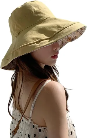 Wide Brim Women Sun Hat Cotton Floppy Packable Reversible Visor Hats UV Protection Summer Beach Travel Garden