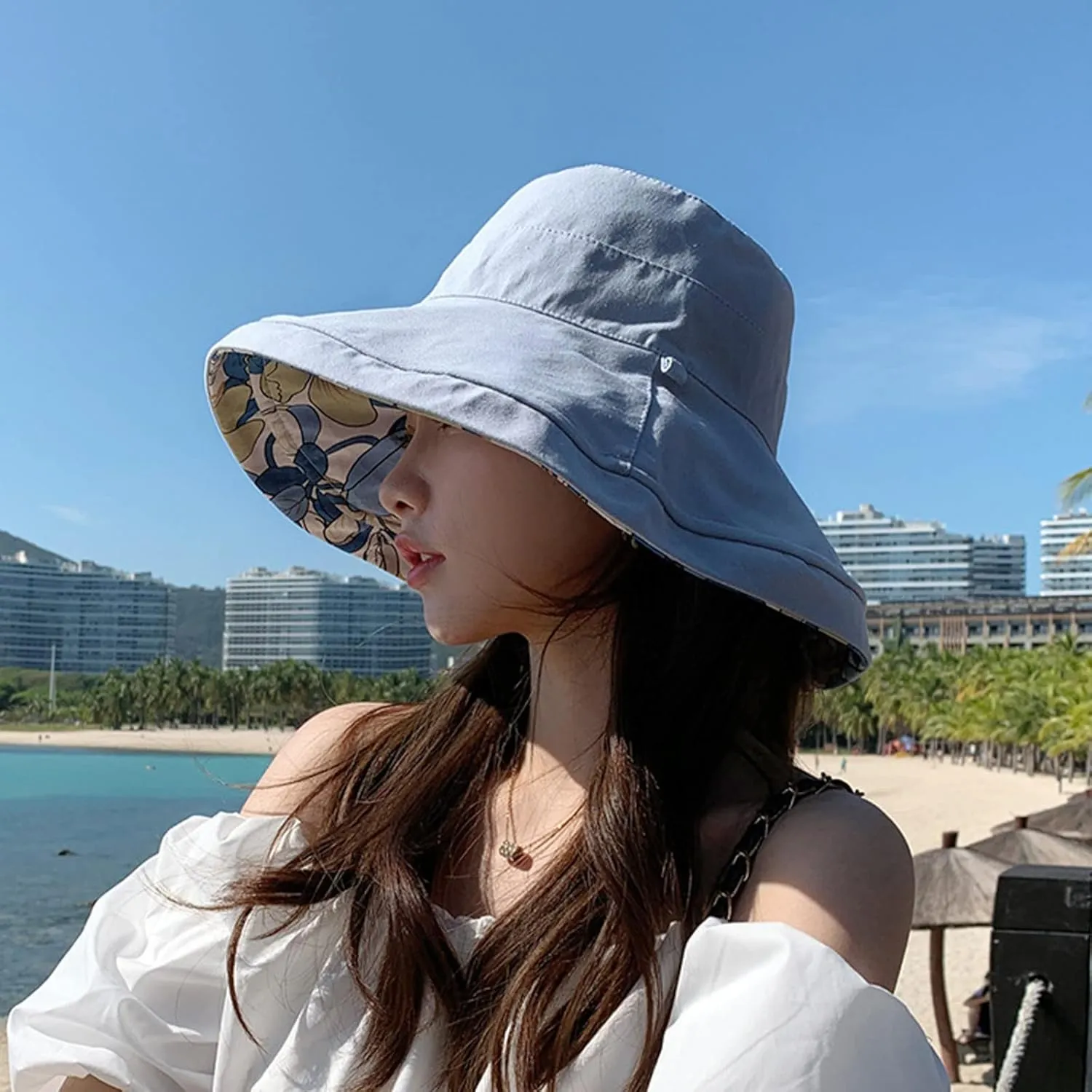 Wide Brim Women Sun Hat Cotton Floppy Packable Reversible Visor Hats UV Protection Summer Beach Travel Garden