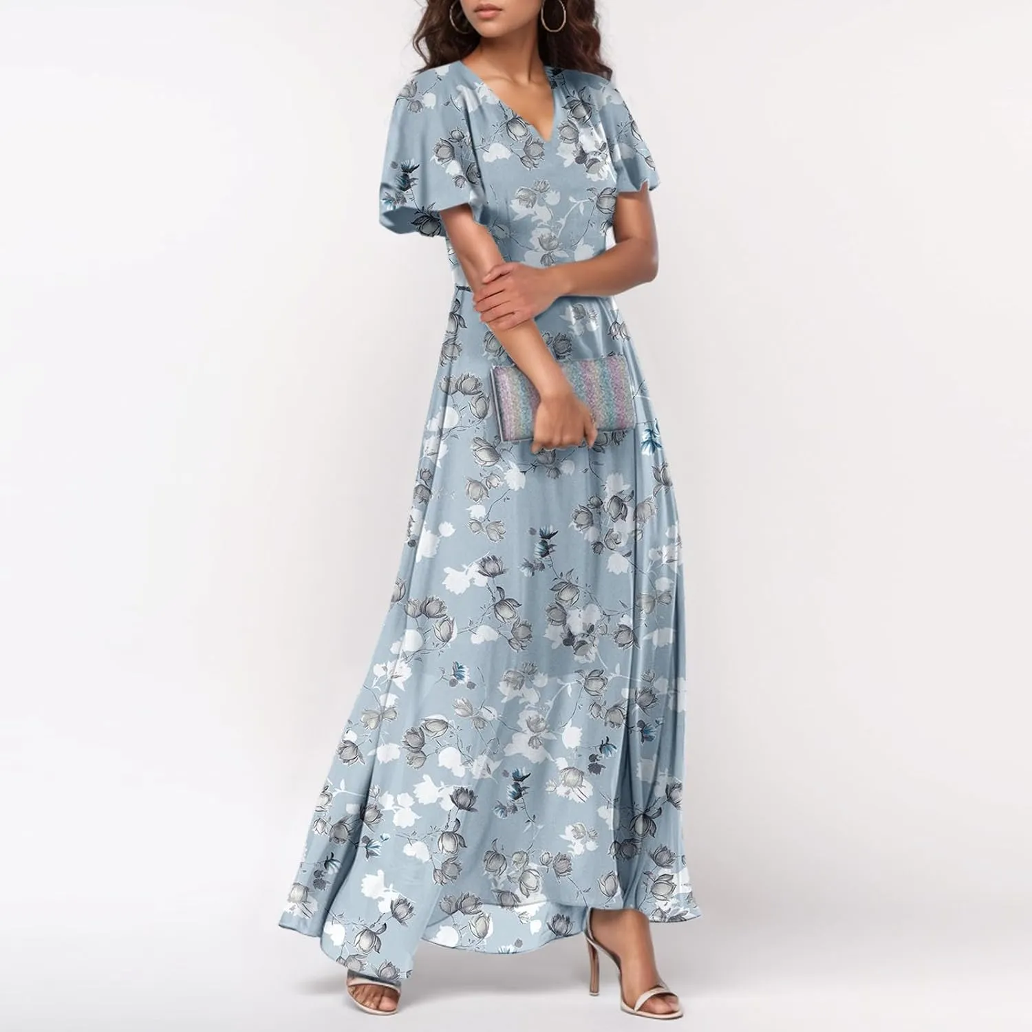 Woman Maxi Dresses Casual Summer Empire Waist Dress Floral Short Sleeve Chiffon Flowy Dresses