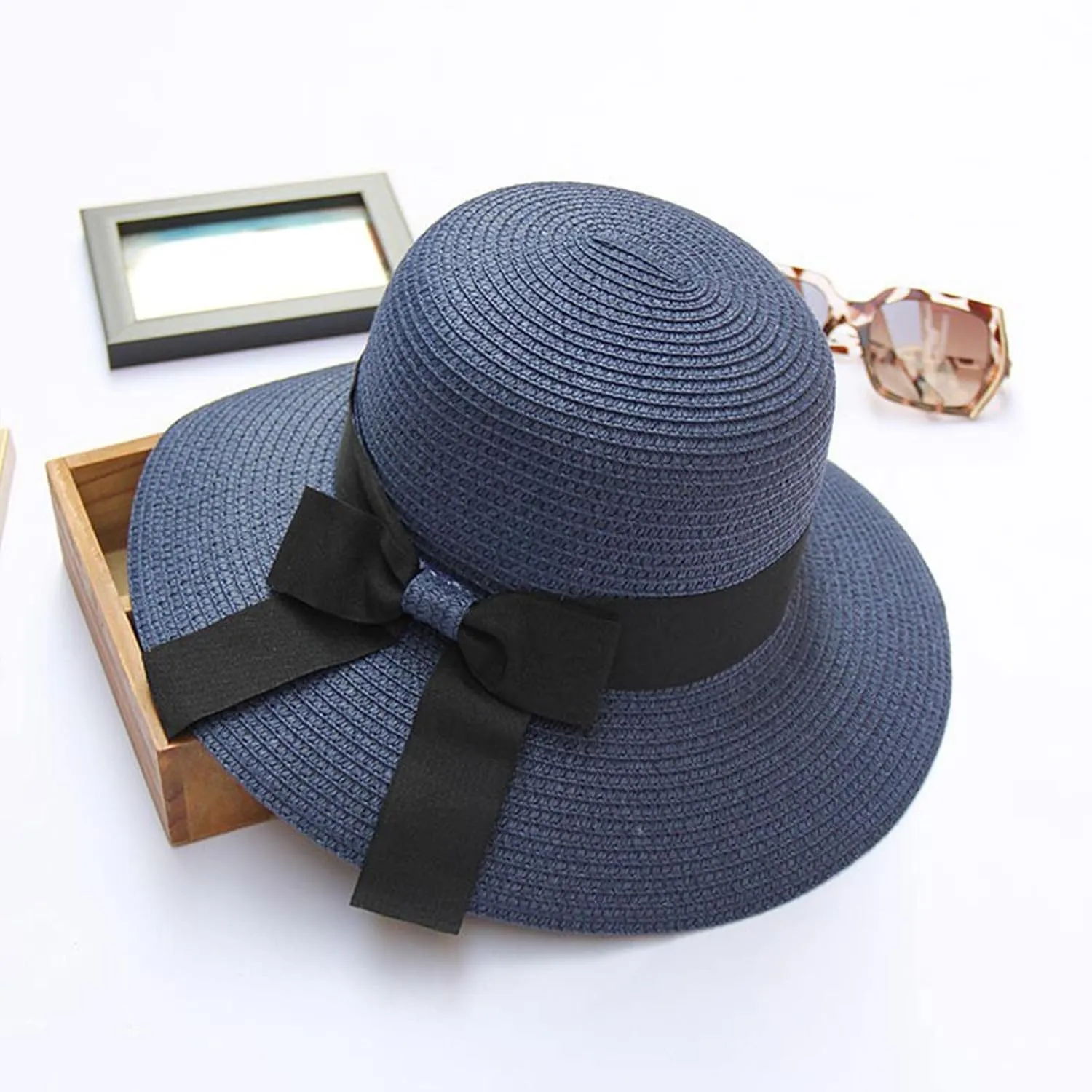 Women Bow Straw Hat Foldable Sunscreen Beach Bucket Hats Summer Sunshade Wide Brim Sun Hats