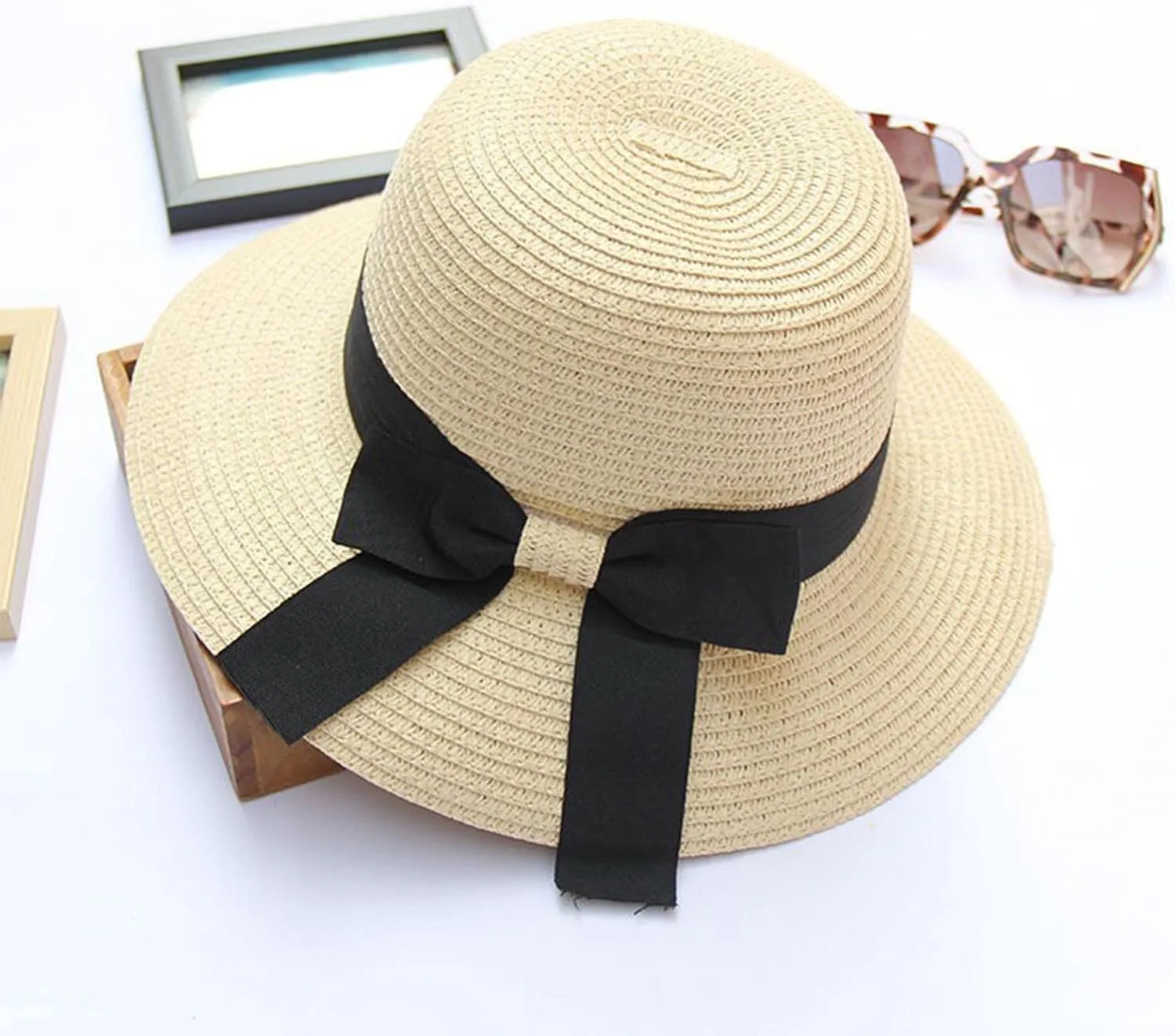 Women Bow Straw Hat Foldable Sunscreen Beach Bucket Hats Summer Sunshade Wide Brim Sun Hats