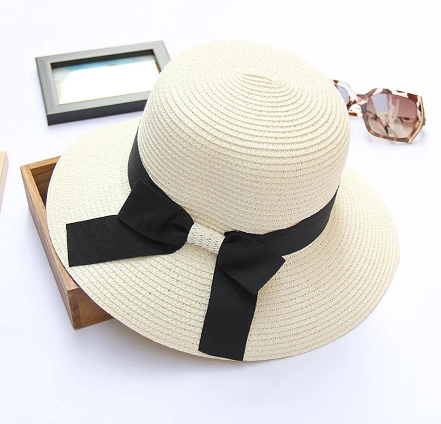 Women Bow Straw Hat Foldable Sunscreen Beach Bucket Hats Summer Sunshade Wide Brim Sun Hats