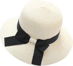 Women Bow Straw Hat Foldable Sunscreen Beach Bucket Hats Summer Sunshade Wide Brim Sun Hats
