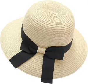 Women Bow Straw Hat Foldable Sunscreen Beach Bucket Hats Summer Sunshade Wide Brim Sun Hats