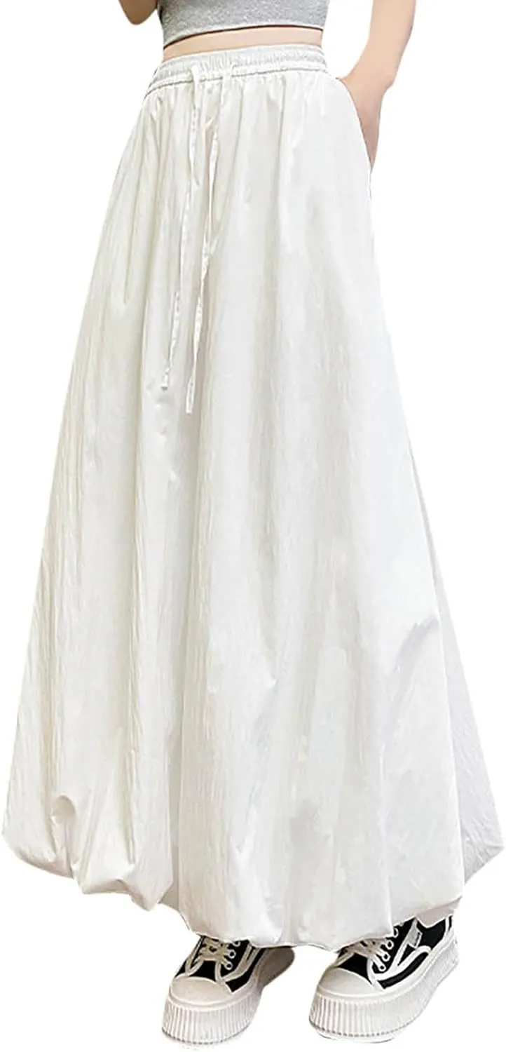 Women Bubble Maxi Skirt Elastic Waist Pleated Puff Long Skirts Solid Color A Line Y2k Dress Flowy Summer Boho Clothes