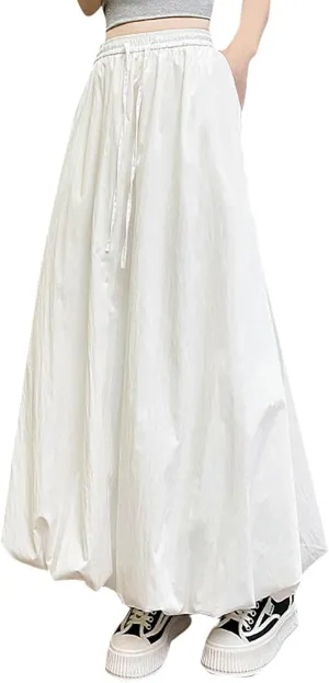 Women Bubble Maxi Skirt Elastic Waist Pleated Puff Long Skirts Solid Color A Line Y2k Dress Flowy Summer Boho Clothes