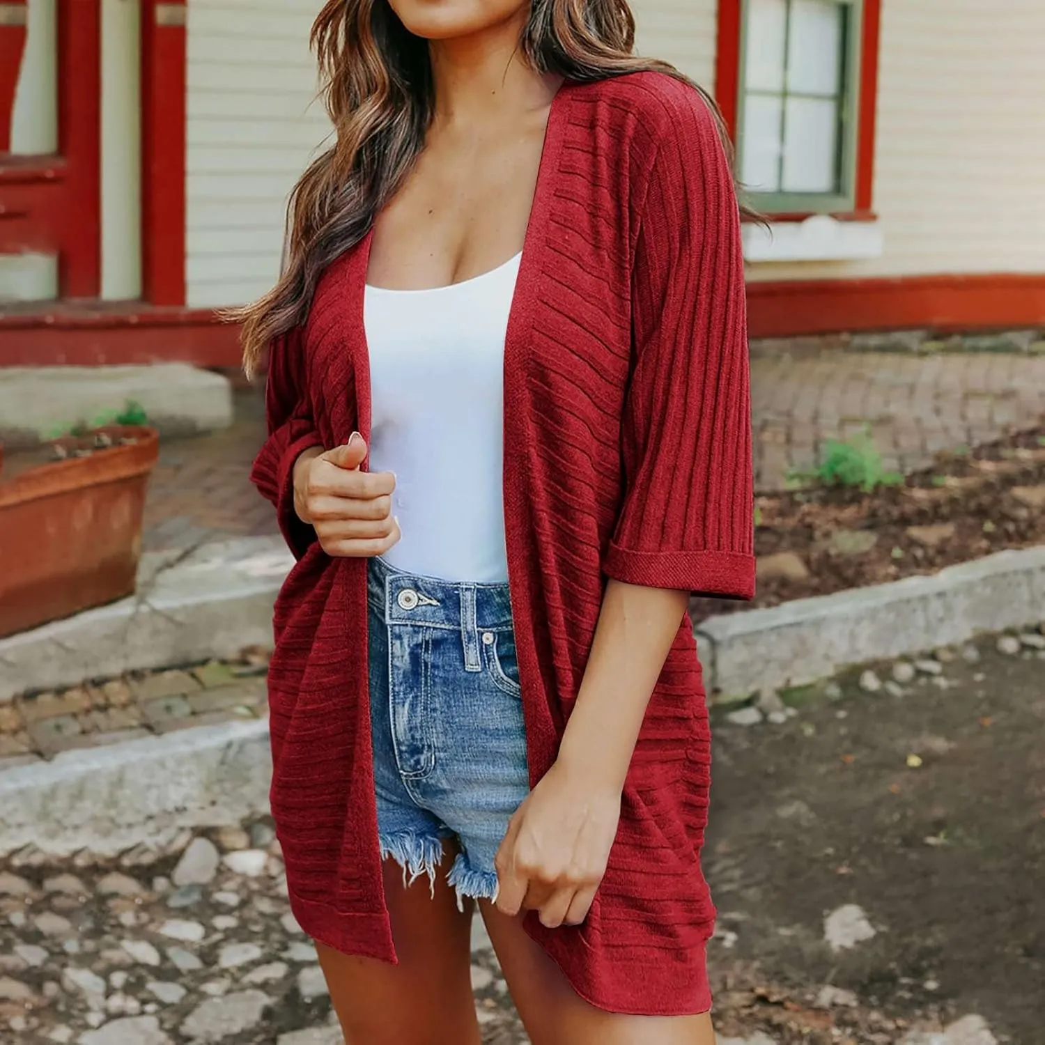 Women Cardigan Sweaters 2023 Short Sleeve Open Front Solid Color Knit Cardigans Loose Fit Comfy Casual Fashion Fall Outerwear