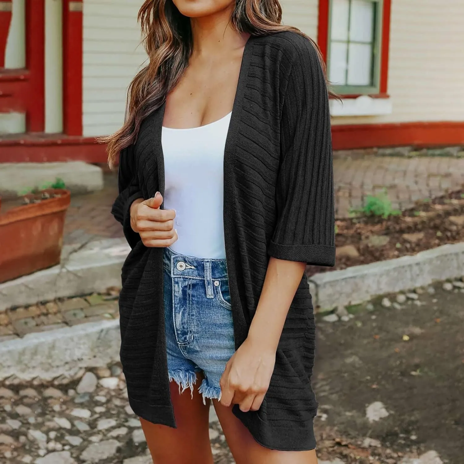Women Cardigan Sweaters 2023 Short Sleeve Open Front Solid Color Knit Cardigans Loose Fit Comfy Casual Fashion Fall Outerwear
