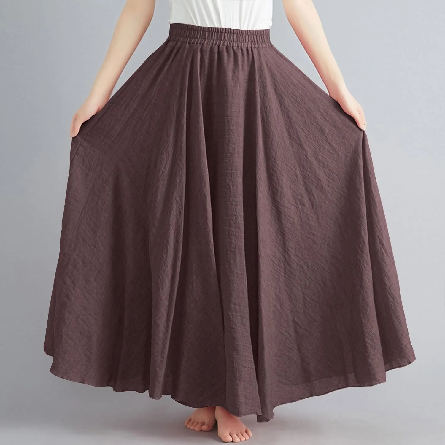 Women Casual Maxi Skirt Flowy Plus Size Elastic Waist High Waisted Swing Hem Swing Solid Color A Line Skirts
