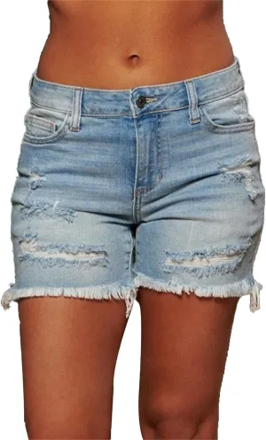 Women Casual Stretchy Denim Shorts High Waisted Ripped Jeans Shorts Distressed Hem Frayed Denim Hot Short