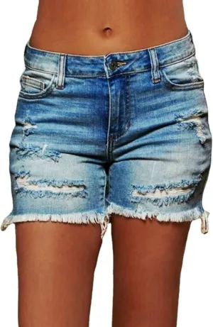Women Casual Stretchy Denim Shorts High Waisted Ripped Jeans Shorts Distressed Hem Frayed Denim Hot Short