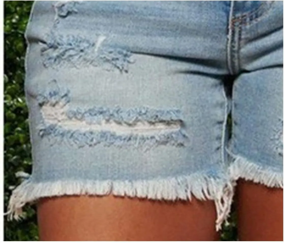 Women Casual Stretchy Denim Shorts High Waisted Ripped Jeans Shorts Distressed Hem Frayed Denim Hot Short