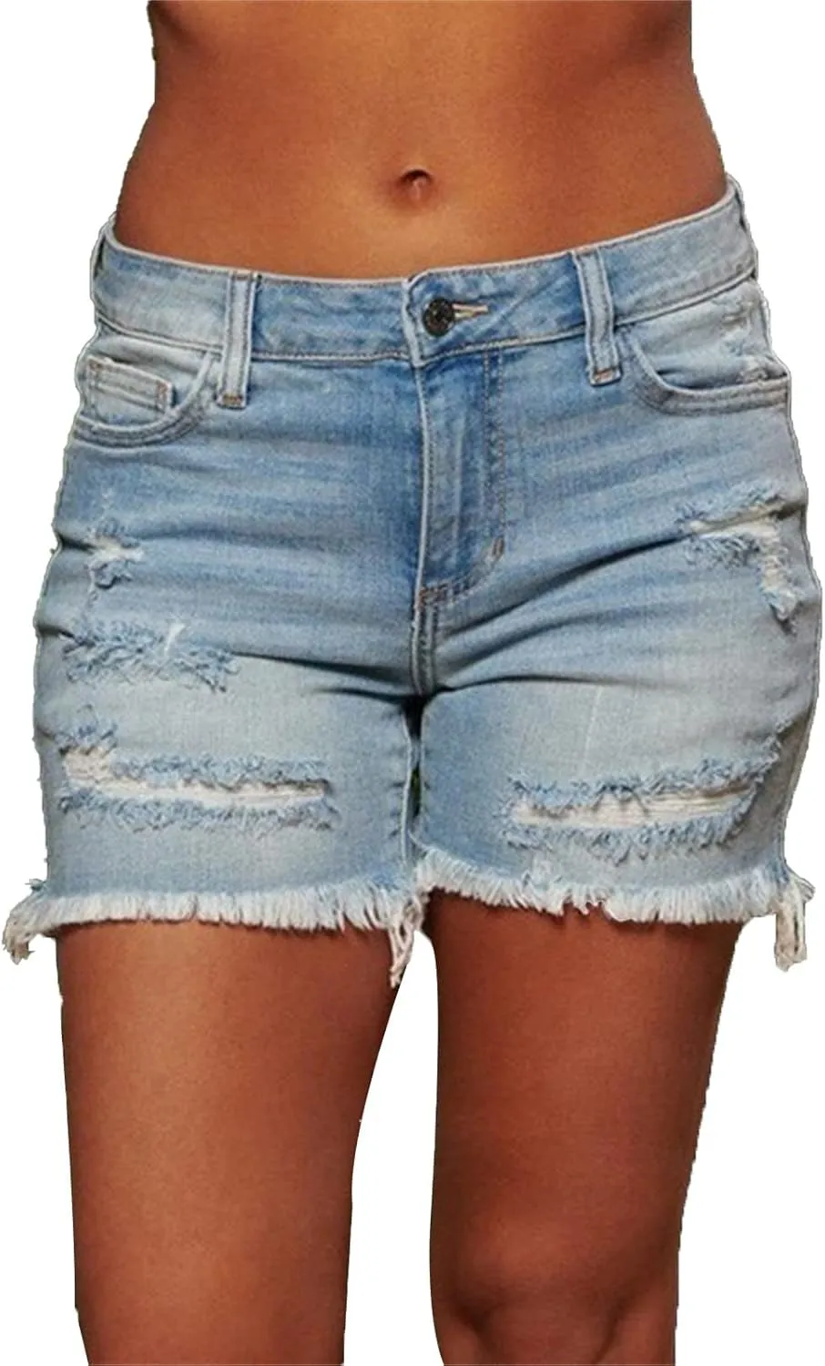 Women Casual Stretchy Denim Shorts High Waisted Ripped Jeans Shorts Distressed Hem Frayed Denim Hot Short